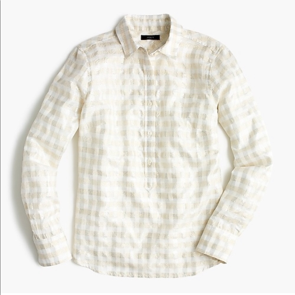 J. Crew Gold Metallic Checkered Plaid Popover Top